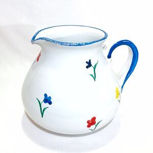 Vintage Italy Redware Pottery Creamer Hand Painted Flowers Blue Trim 4.5" READ